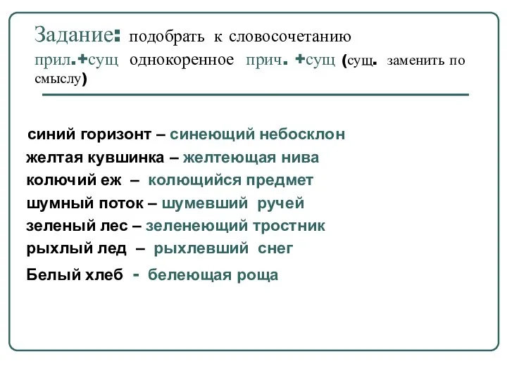 Задание: подобрать к словосочетанию прил.+сущ однокоренное прич. +сущ (сущ. заменить по