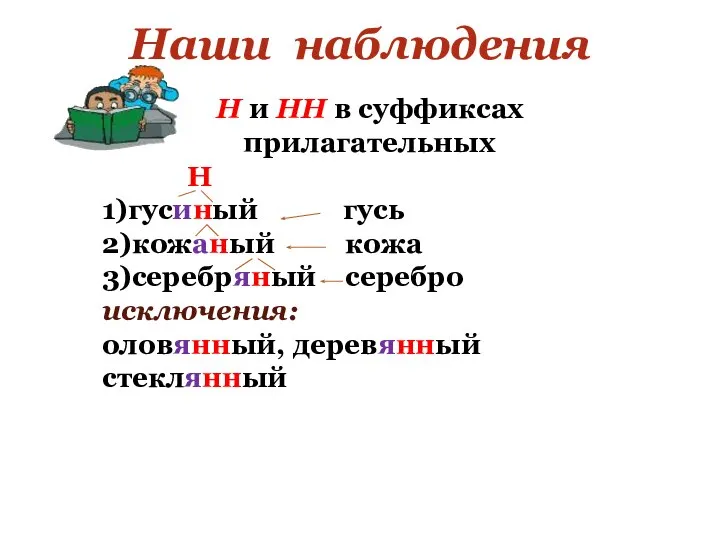 Наши наблюдения Н и НН в суффиксах прилагательных Н 1)гусиный гусь