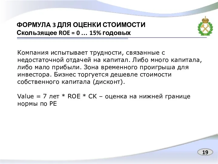 ФОРМУЛА 3 ДЛЯ ОЦЕНКИ СТОИМОСТИ Скользящее ROE = 0 … 15%