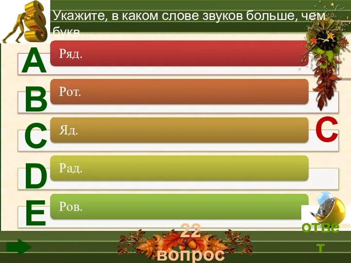 22 вопрос А В С D Е Укажите, в каком слове звуков больше, чем букв. С