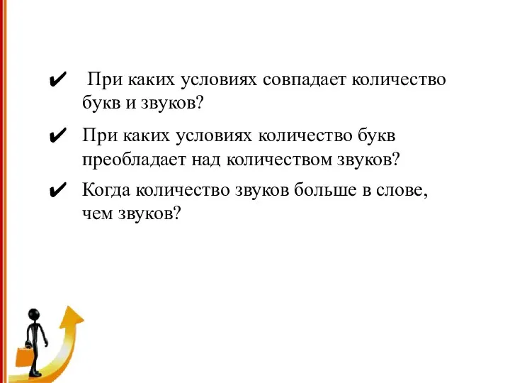 ПРОВЕРКА УСВОЕНИЯ ЗНАНИЙ При каких условиях совпадает количество букв и звуков?