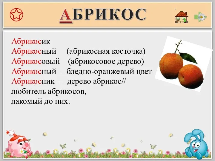Абрикосик Абрикосный (абрикосная косточка) Абрикосовый (абрикосовое дерево) Абрикосный – бледно-оранжевый цвет