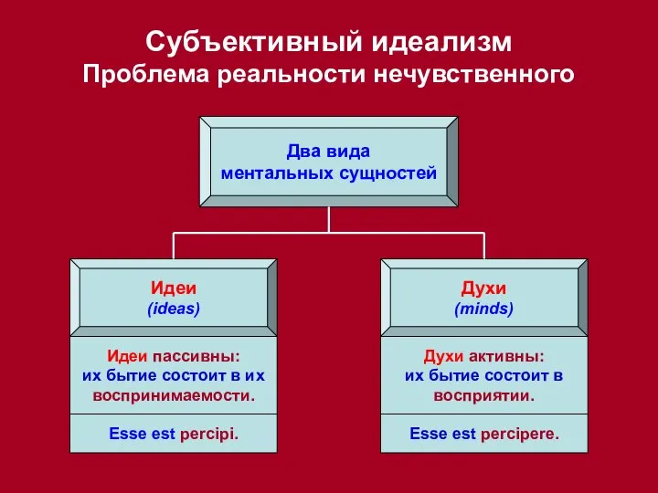 Два вида ментальных сущностей Идеи (ideas) Духи (minds) Субъективный идеализм Проблема