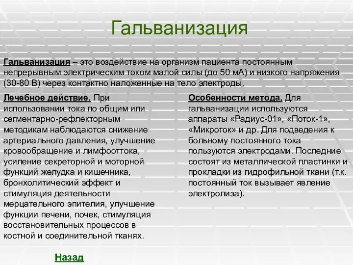 Гальванизация Гальванизация – это воздействие на организм пациента постоянным непрерывным электрическим