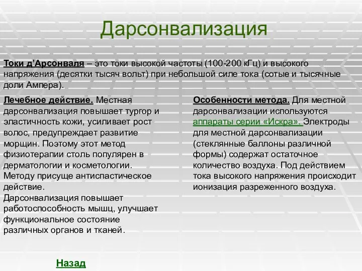 Дарсонвализация Токи д’Арсонваля – это токи высокой частоты (100-200 кГц) и