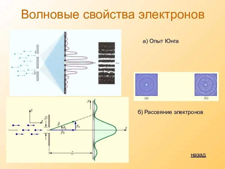 Волновые свойства электронов б) Рассеяние электронов а) Опыт Юнга назад