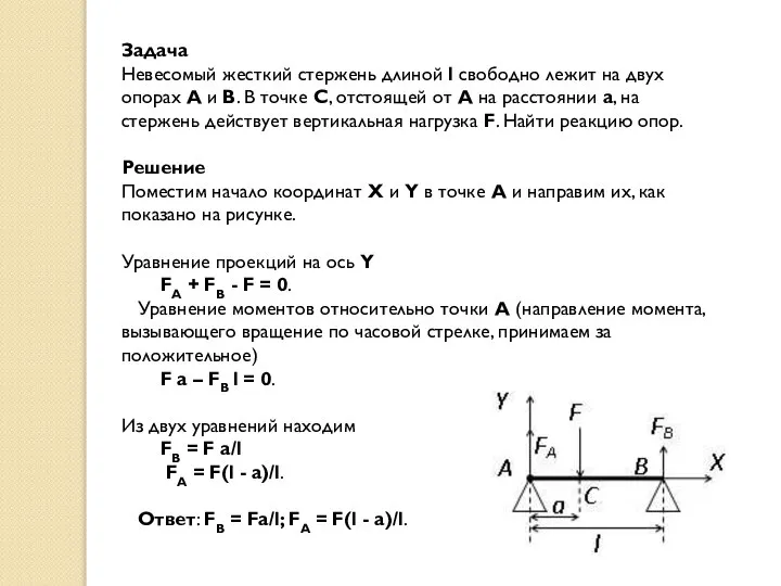 Задача Невесомый жесткий стержень длиной l свободно лежит на двух опорах