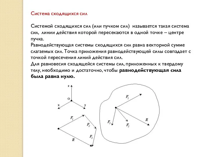 Система сходящихся сил Системой сходящихся сил (или пучком сил) называется такая