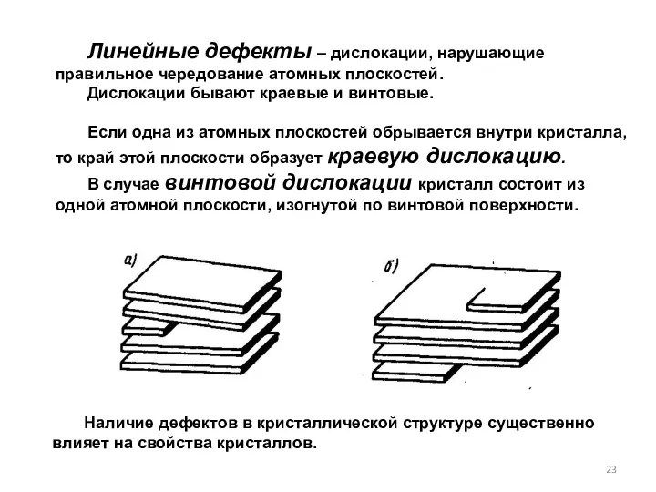 Линейные дефекты – дислокации, нарушающие правильное чередование атомных плоскостей. Дислокации бывают