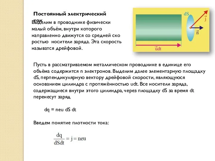 Постоянный электрический ток Выделим в проводнике физически малый объём, внутри которого