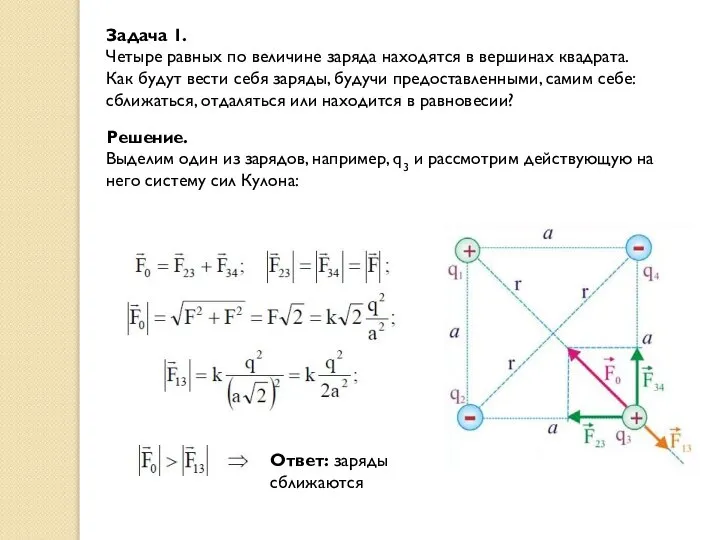 Задача 1. Четыре равных по величине заряда находятся в вершинах квадрата.