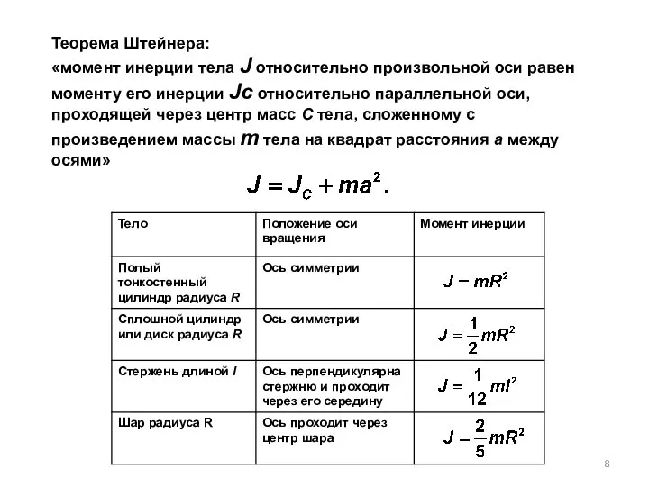 Теорема Штейнера: «момент инерции тела J относительно произвольной оси равен моменту