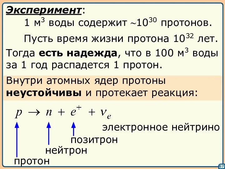 07 Эксперимент: 1 м3 воды содержит ~1030 протонов. Пусть время жизни