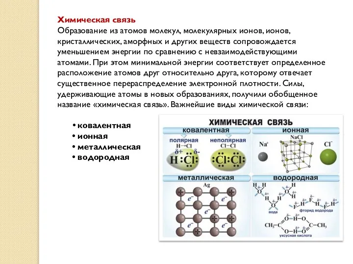 Химическая связь Образование из атомов молекул, молекулярных ионов, ионов, кристаллических, аморфных