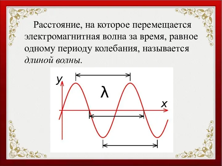 Расстояние, на которое перемещается электромагнитная волна за время, равное одному периоду колебания, называется длиной волны.