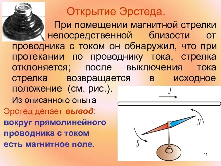 Открытие Эрстеда. При помещении магнитной стрелки в непосредственной близости от проводника