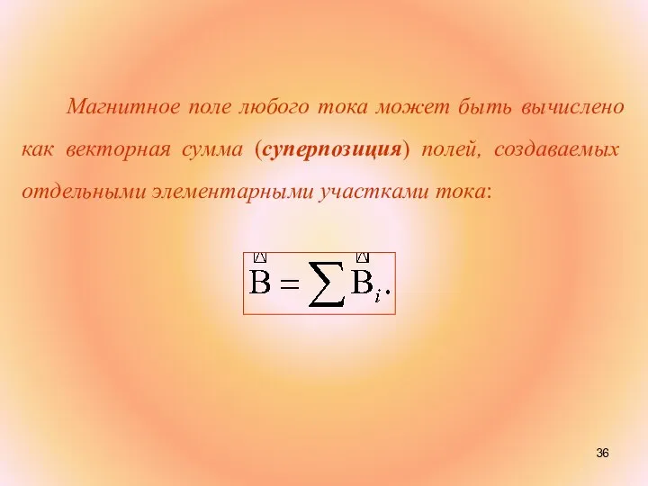 Магнитное поле любого тока может быть вычислено как векторная сумма (суперпозиция)