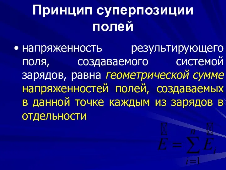 Принцип суперпозиции полей напряженность результирующего поля, создаваемого системой зарядов, равна геометрической