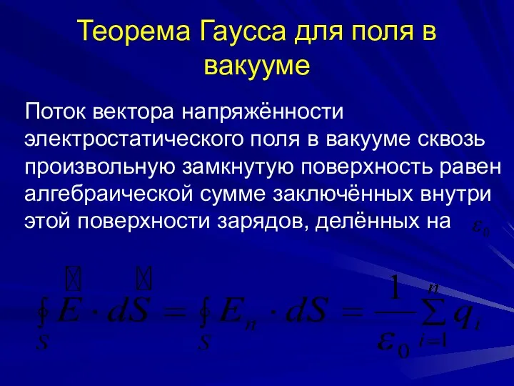 Теорема Гаусса для поля в вакууме Поток вектора напряжённости электростатического поля