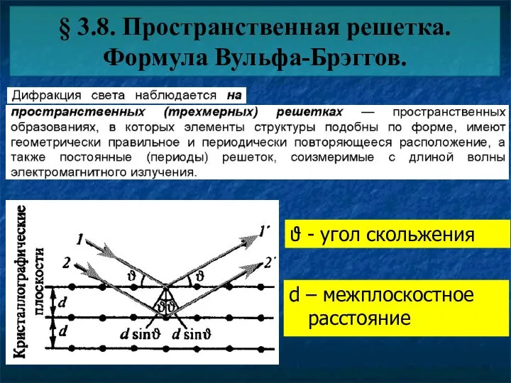 § 3.8. Пространственная решетка. Формула Вульфа-Брэггов. ϑ - угол скольжения d – межплоскостное расстояние