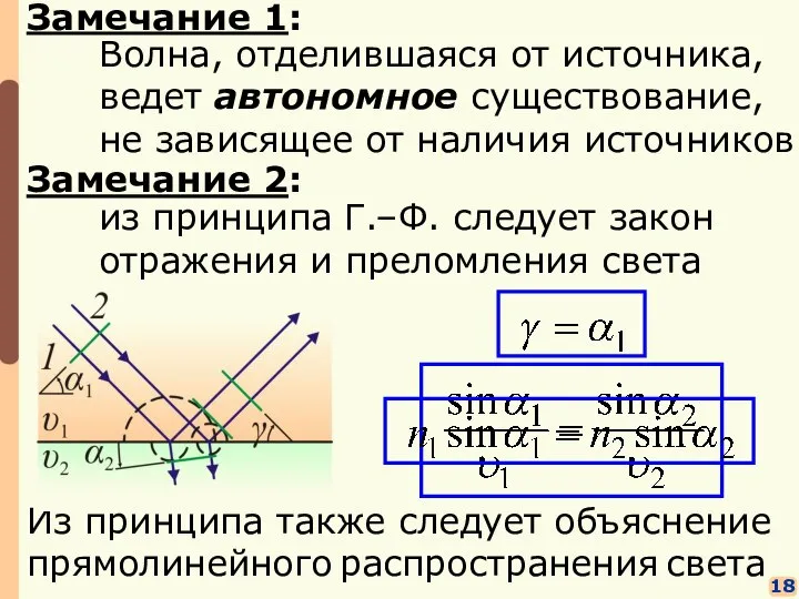 Замечаниe 1: 18 из принципа Г.–Ф. следует закон отражения и преломления