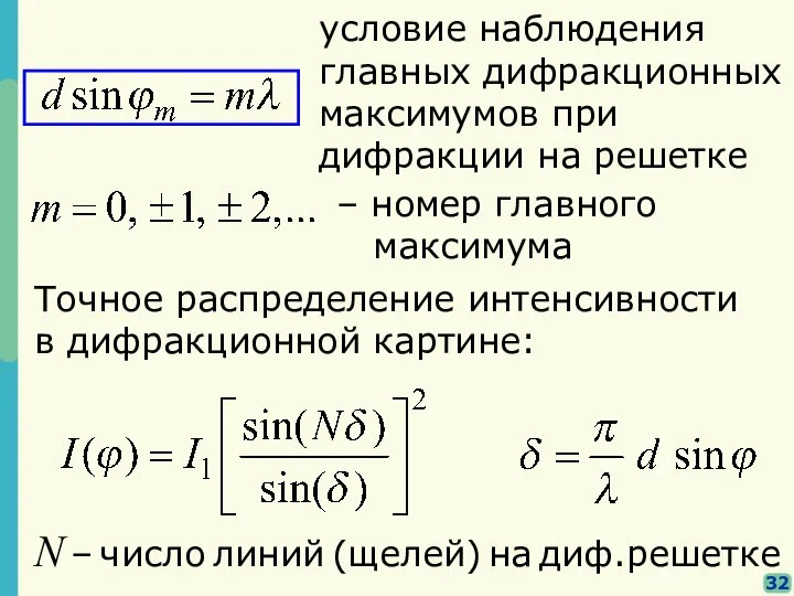 32 условие наблюдения главных дифракционных максимумов при дифракции на решетке –