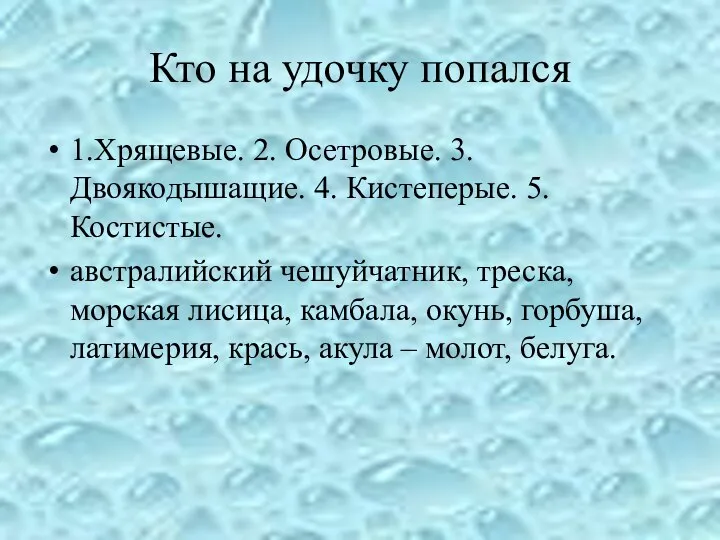 Кто на удочку попался 1.Хрящевые. 2. Осетровые. 3. Двоякодышащие. 4. Кистеперые.