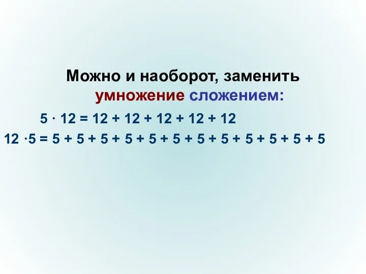 Можно и наоборот, заменить умножение сложением: 5 · 12 = 12