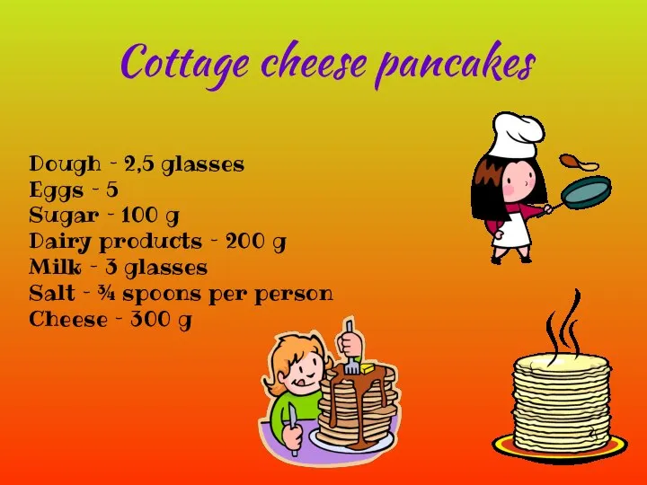 Cottage cheese pancakes Dough – 2,5 glasses Eggs – 5 Sugar