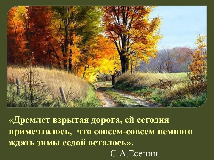 «Дремлет взрытая дорога, ей сегодня примечталось, что совсем-совсем немного ждать зимы седой осталось». С.А.Есенин.