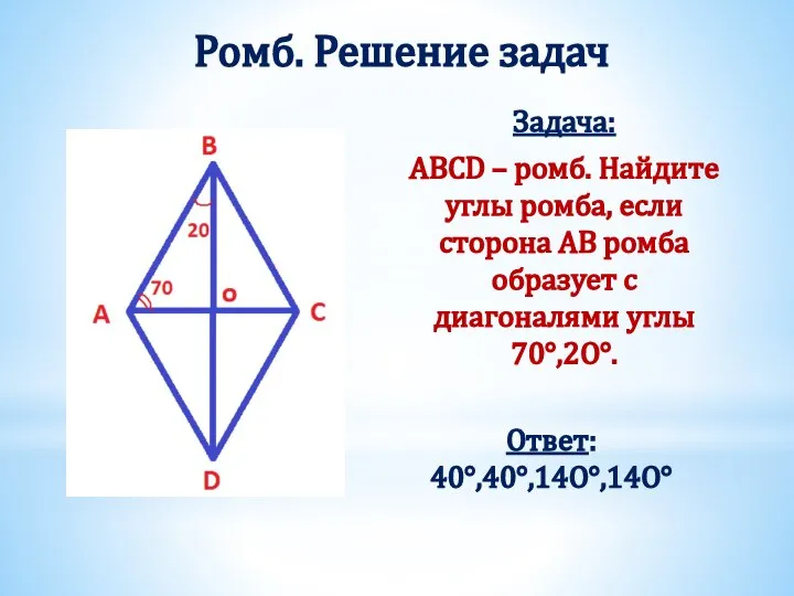 Ромб. Решение задач Задача: ABCD – ромб. Найдите углы ромба, если