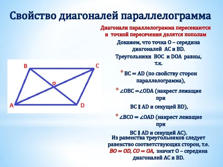 Свойство диагоналей параллелограмма Диагонали параллелограмма пересекаются и точкой пересечения делятся пополам