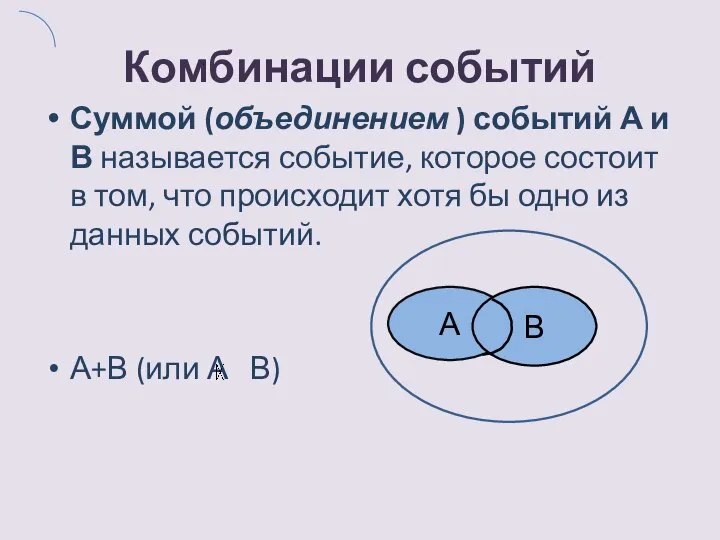 Комбинации событий Суммой (объединением ) событий А и В называется событие,