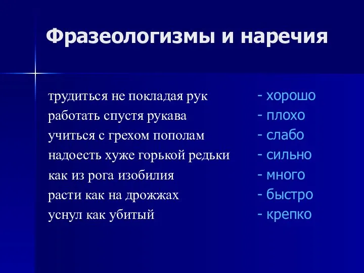 Фразеологизмы и наречия трудиться не покладая рук работать спустя рукава учиться