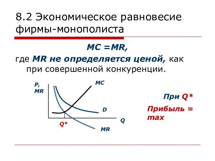 8.2 Экономическое равновесие фирмы-монополиста MC =MR, где MR не определяется ценой,