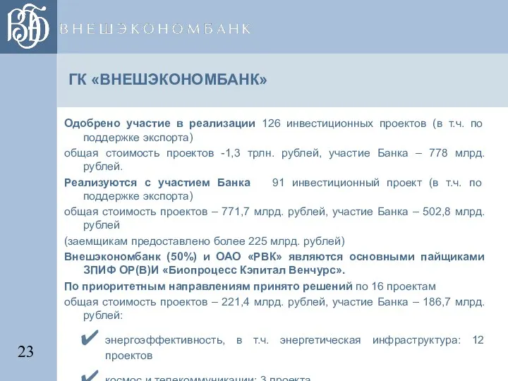 ГК «ВНЕШЭКОНОМБАНК» Одобрено участие в реализации 126 инвестиционных проектов (в т.ч.