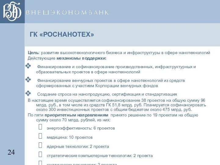 ГК «РОСНАНОТЕХ» Цель: развитие высокотехнологичного бизнеса и инфраструктуры в сфере нанотехнологий