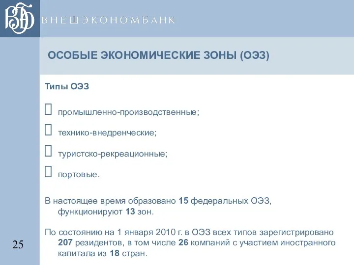 ОСОБЫЕ ЭКОНОМИЧЕСКИЕ ЗОНЫ (ОЭЗ) Типы ОЭЗ промышленно-производственные; технико-внедренческие; туристско-рекреационные; портовые. В