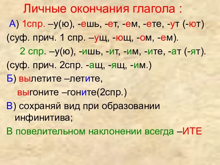 Личные окончания глагола : А) 1спр. –у(ю), -ешь, -ет, -ем, -ете,