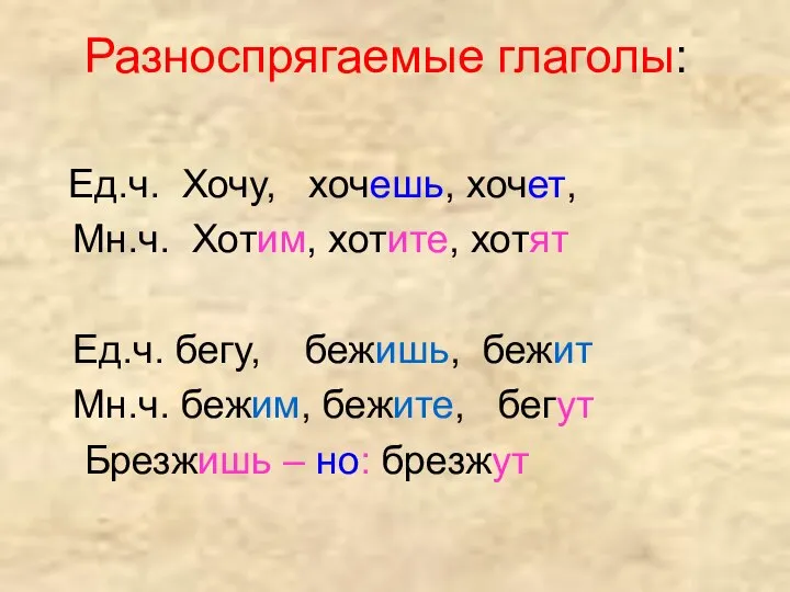 Разноспрягаемые глаголы: Ед.ч. Хочу, хочешь, хочет, Мн.ч. Хотим, хотите, хотят Ед.ч.