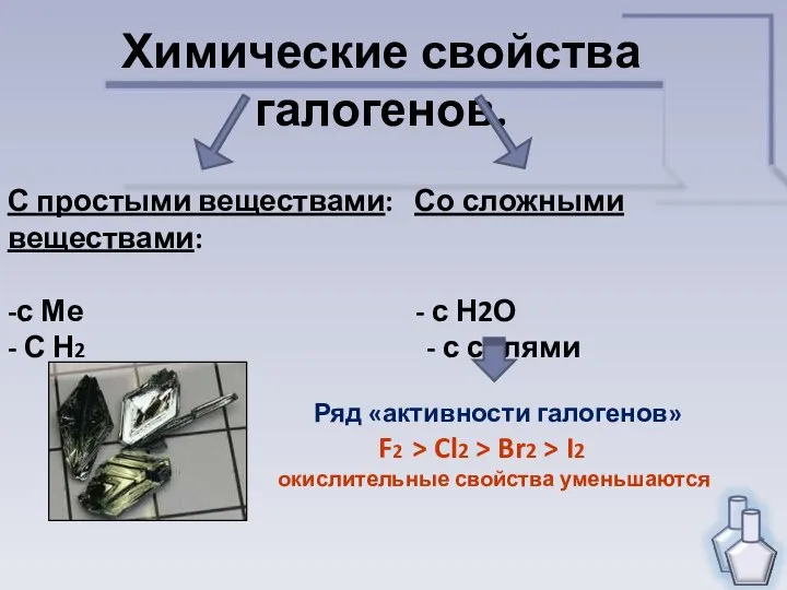 Химические свойства галогенов. С простыми веществами: Со сложными веществами: -с Ме