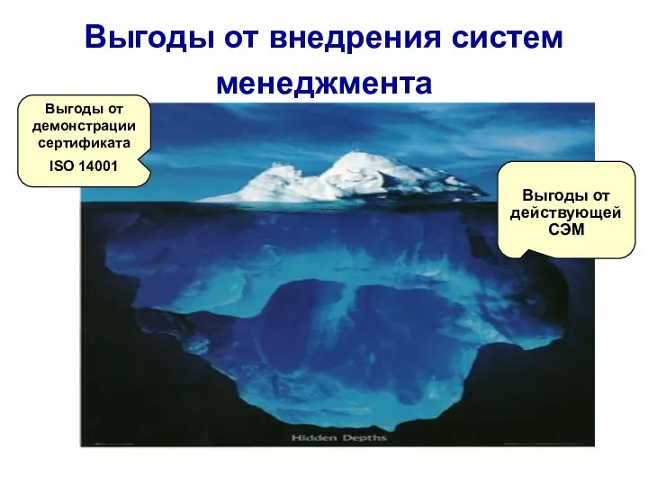 Выгоды от внедрения систем менеджмента 10% Выгоды от действующей СЭМ Выгоды от демонстрации сертификата ISO 14001