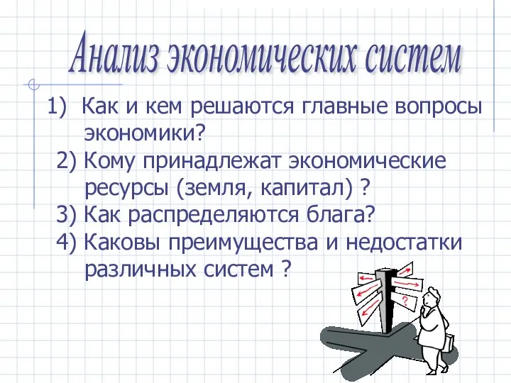 Анализ экономических систем Как и кем решаются главные вопросы экономики? 2)