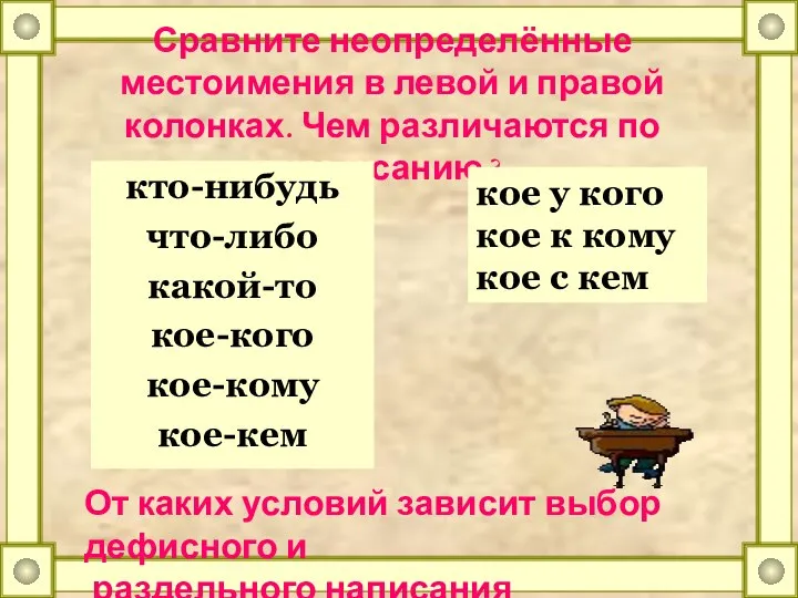 Сравните неопределённые местоимения в левой и правой колонках. Чем различаются по