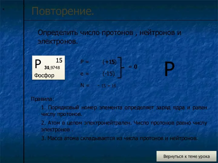 * Повторение. Определить число протонов , нейтронов и электронов. Р Фосфор