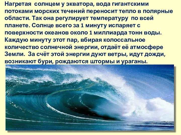 Нагретая солнцем у экватора, вода гигантскими потоками морских течений переносит тепло