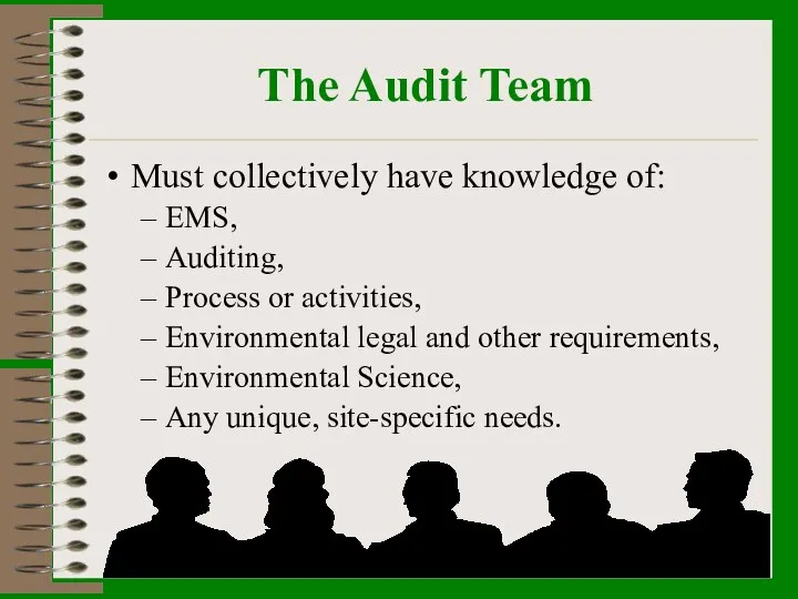 The Audit Team Must collectively have knowledge of: EMS, Auditing, Process