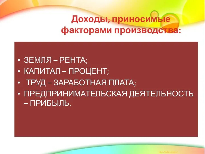 Доходы, приносимые факторами производства: ЗЕМЛЯ – РЕНТА; КАПИТАЛ – ПРОЦЕНТ; ТРУД