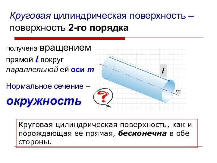 Круговая цилиндрическая поверхность – поверхность 2-го порядка получена вращением прямой l