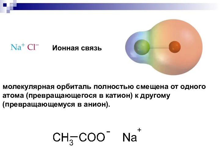 молекулярная орбиталь полностью смещена от одного атома (превращающегося в катион) к другому (превращающемуся в анион).